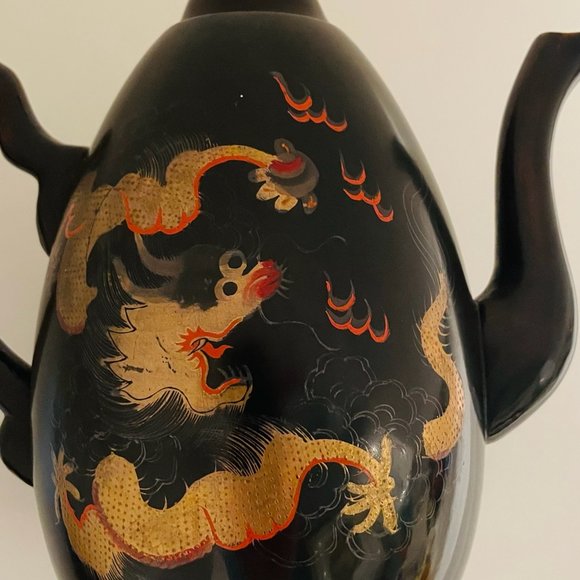 Shin Shao An Saeukee Foochow China Gold Dragon Ware Black Lacquer Teapot - Picture 3 of 12